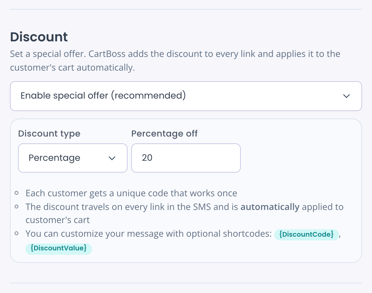 Discount set to Enable special offer, Discount type Percentage, Percentage off 20