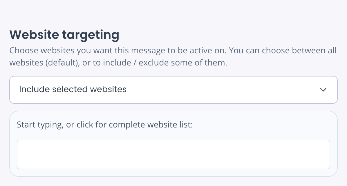 Website targeting set to Include selected websites, with the store picker box