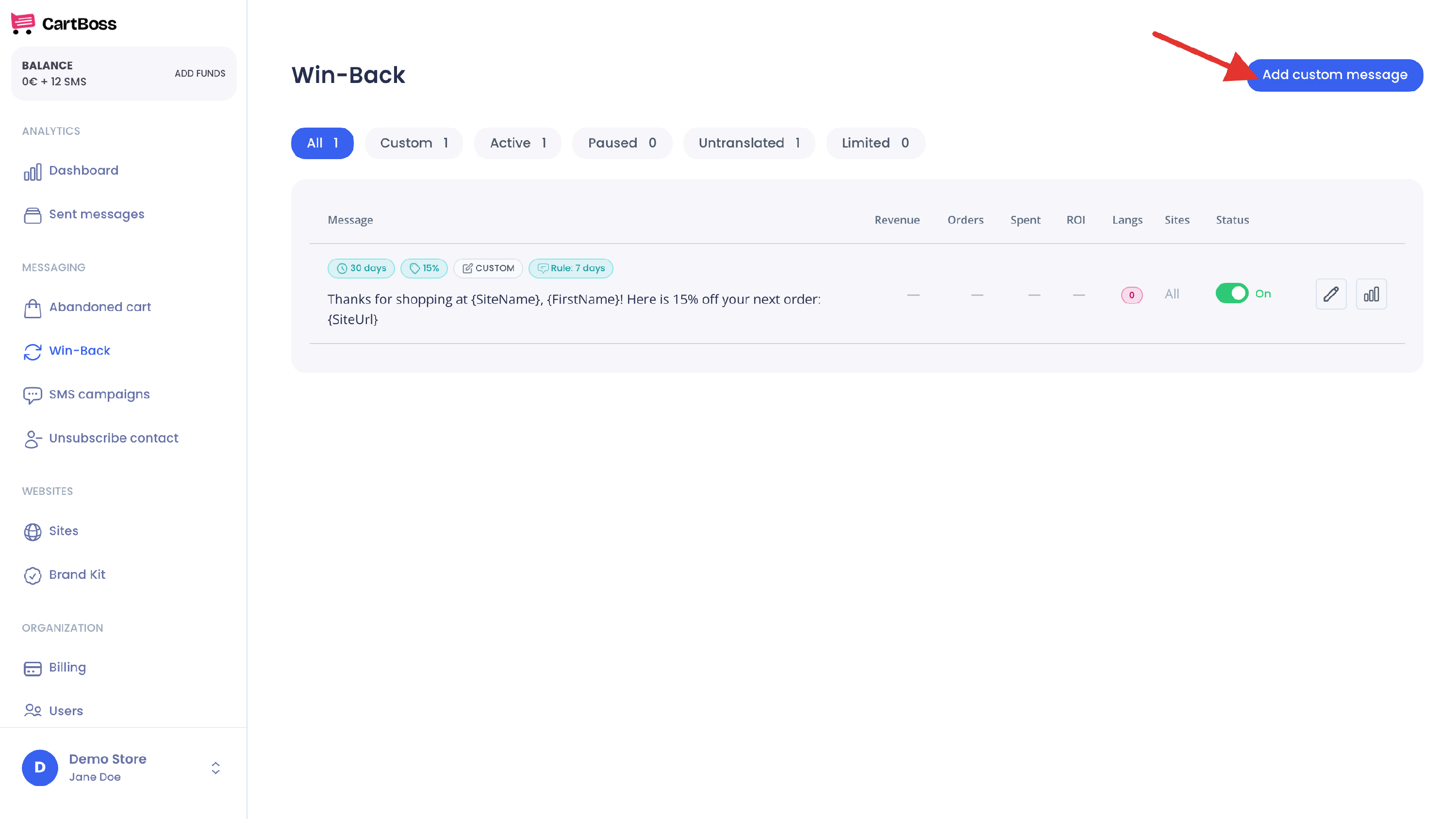 Win-Back messages list with an arrow on the Add custom message button