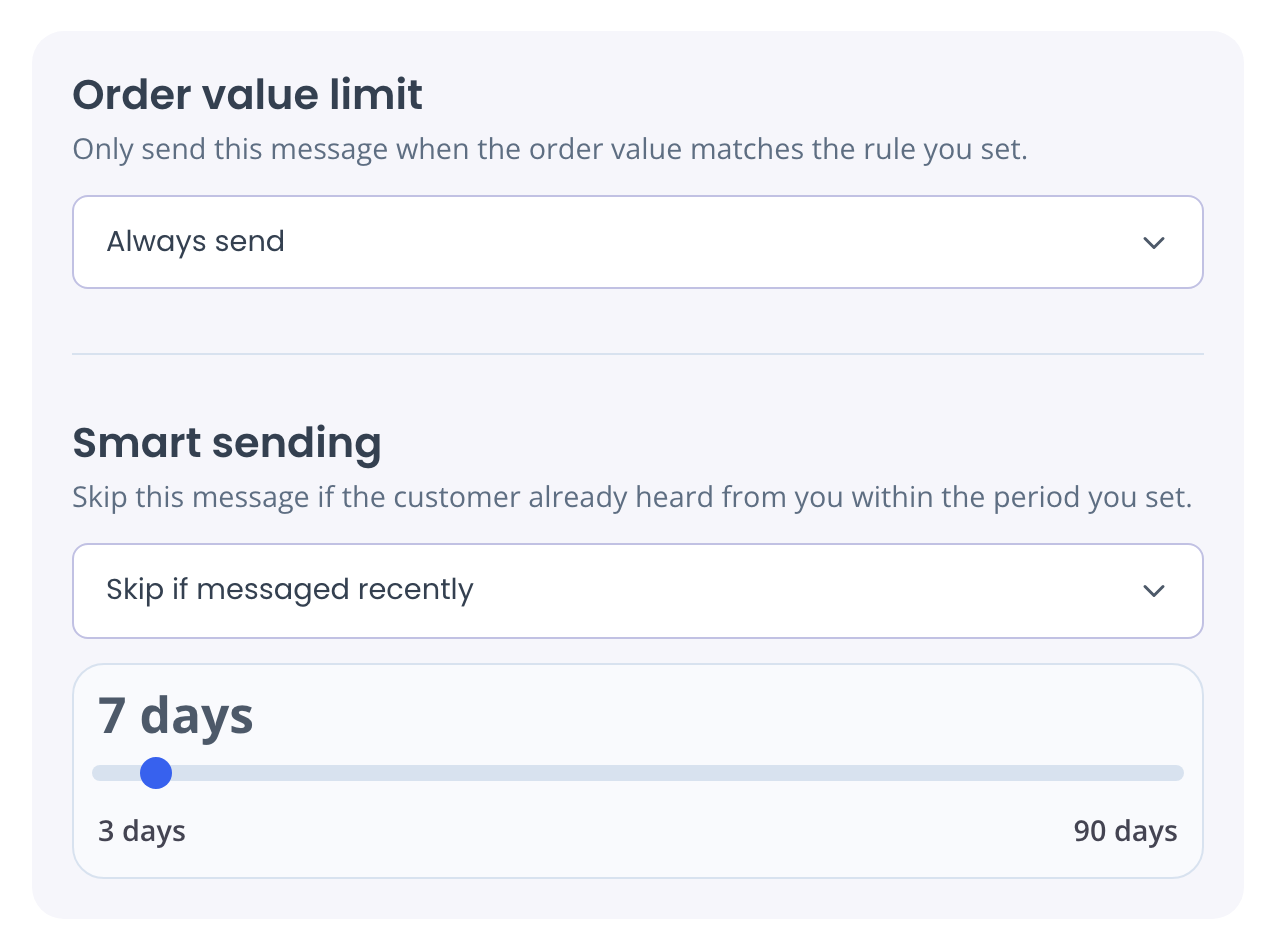 Order value limit set to Always send, Smart sending set to Skip if messaged recently, 7 days