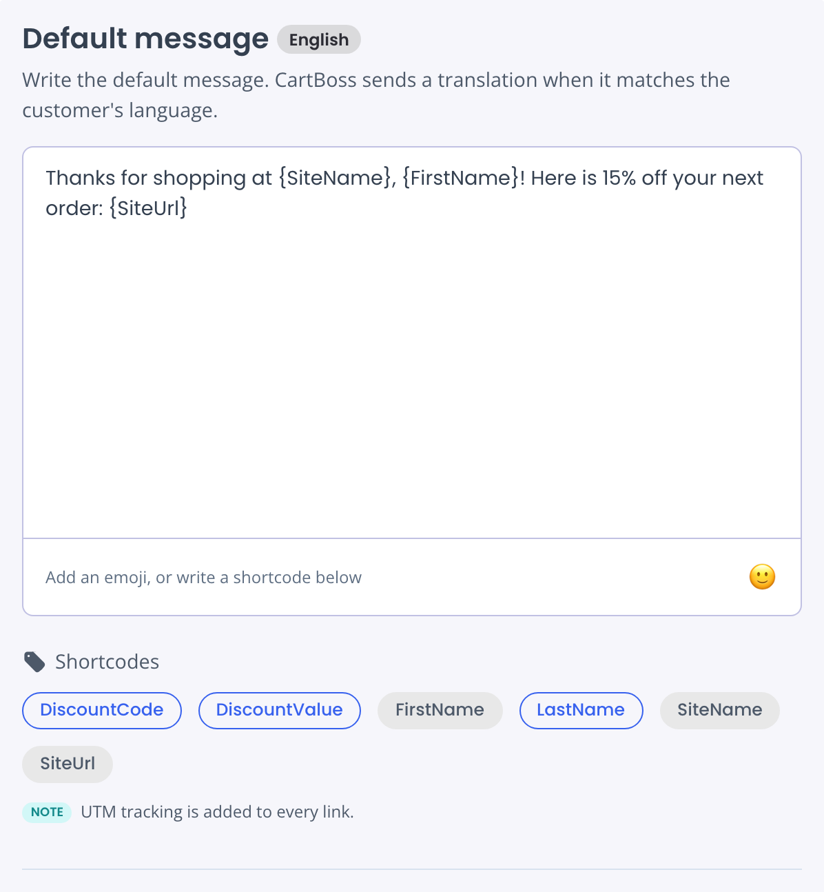 Default message box with a Win-Back text using {SiteName}, {FirstName} and {SiteUrl}, and the six Win-Back shortcodes below