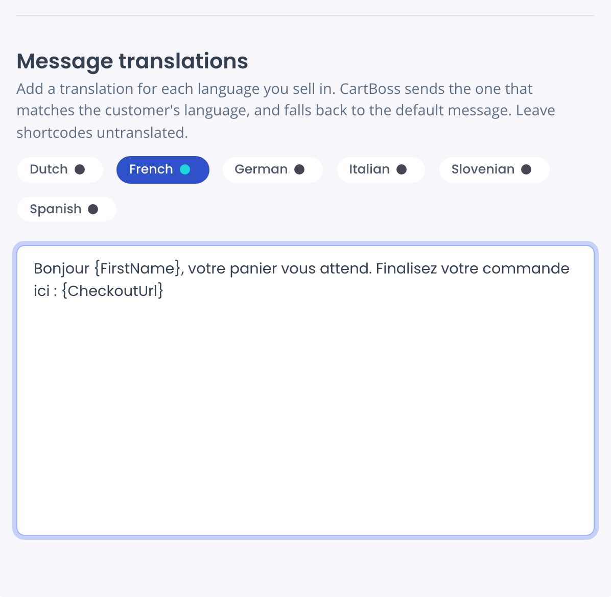 Message translations with French selected and a French text containing {FirstName} and {CheckoutUrl}