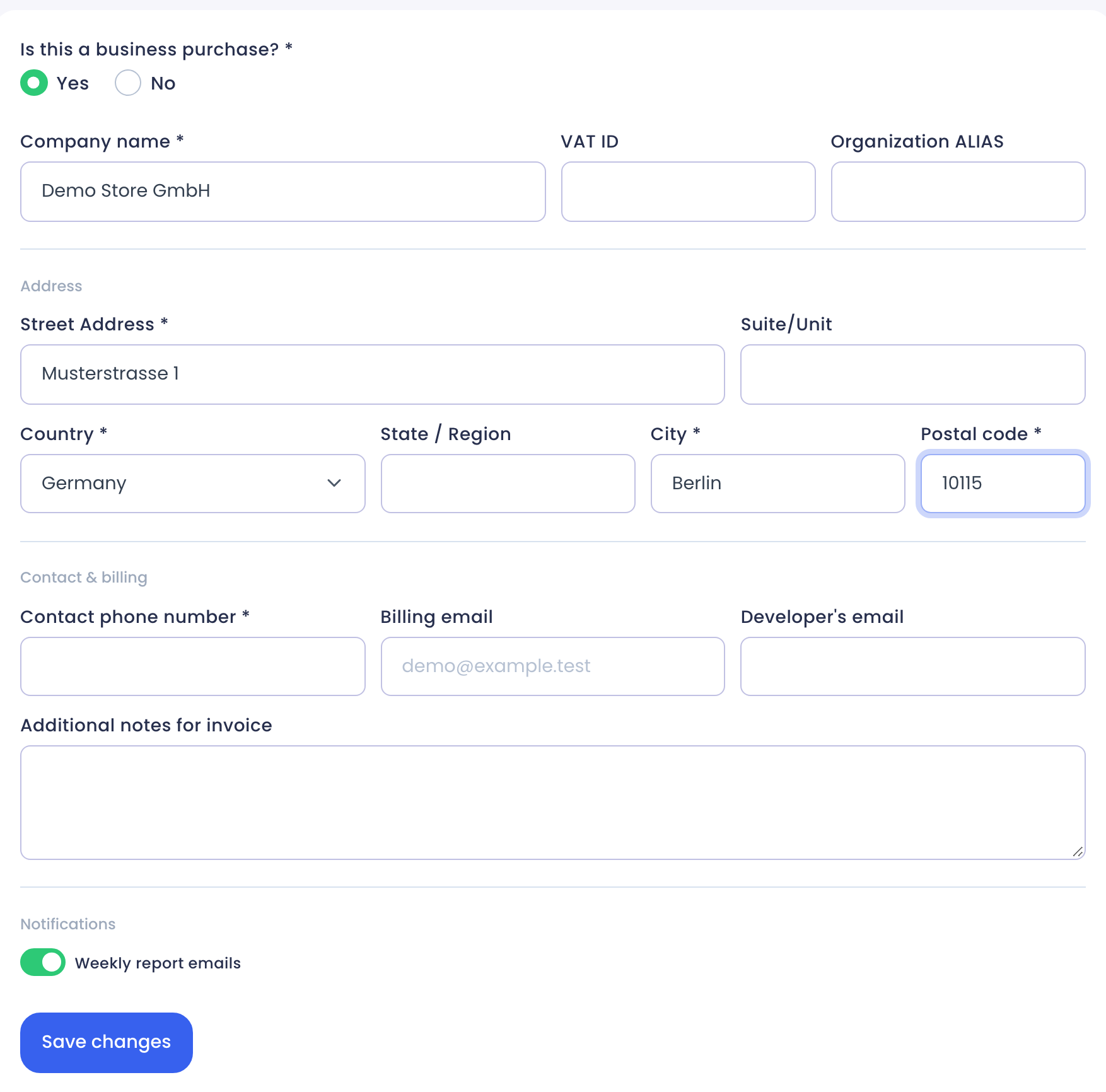 Company profile form: business purchase Yes, Company name, VAT ID, Organization ALIAS, address fields, Contact phone number, Billing email, Developer's email, Weekly report emails switch and Save changes