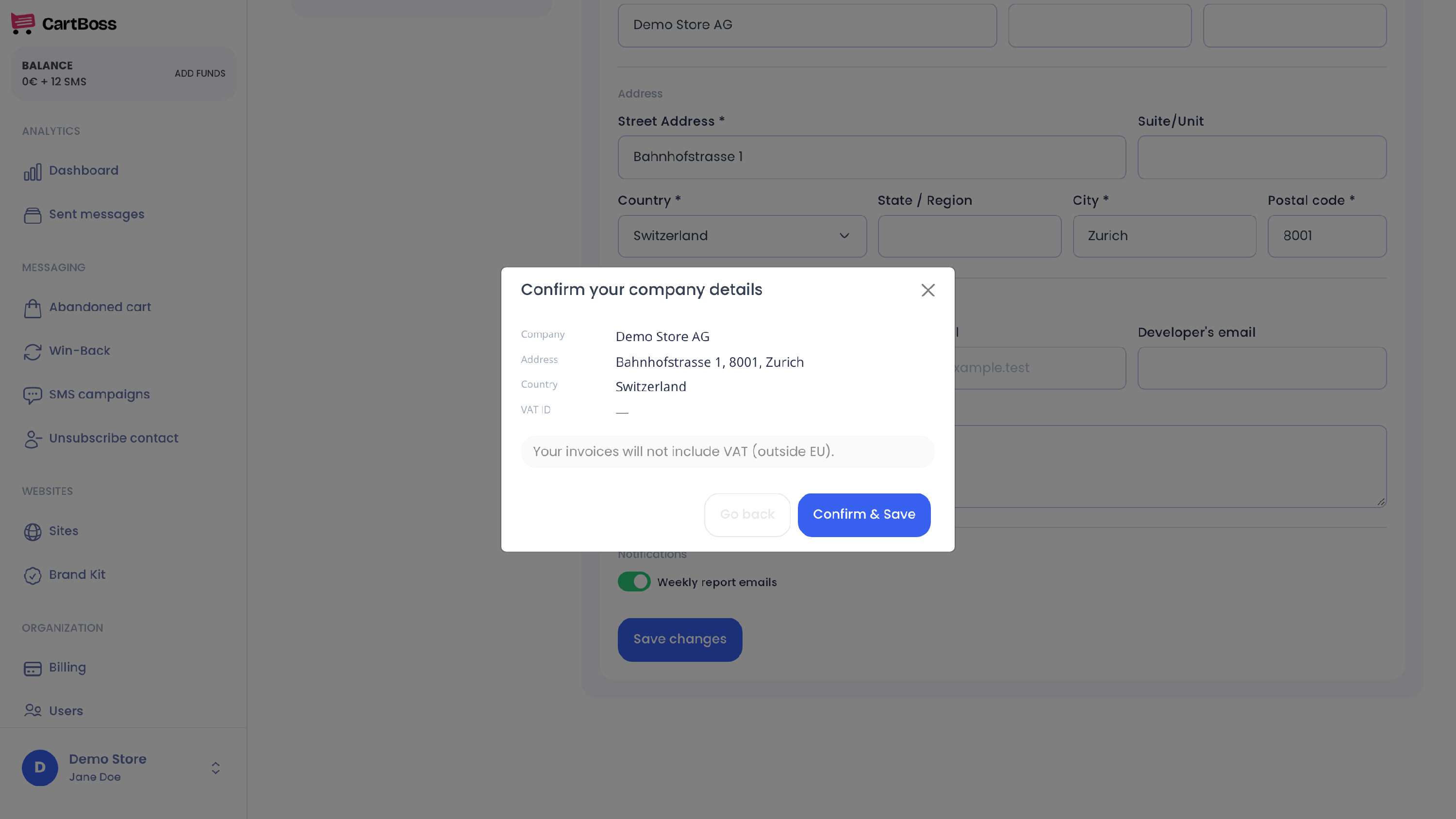 Confirm your company details window with Company, Address, Country, VAT ID, the line Your invoices will not include VAT (outside EU), and the Go back and Confirm and Save buttons
