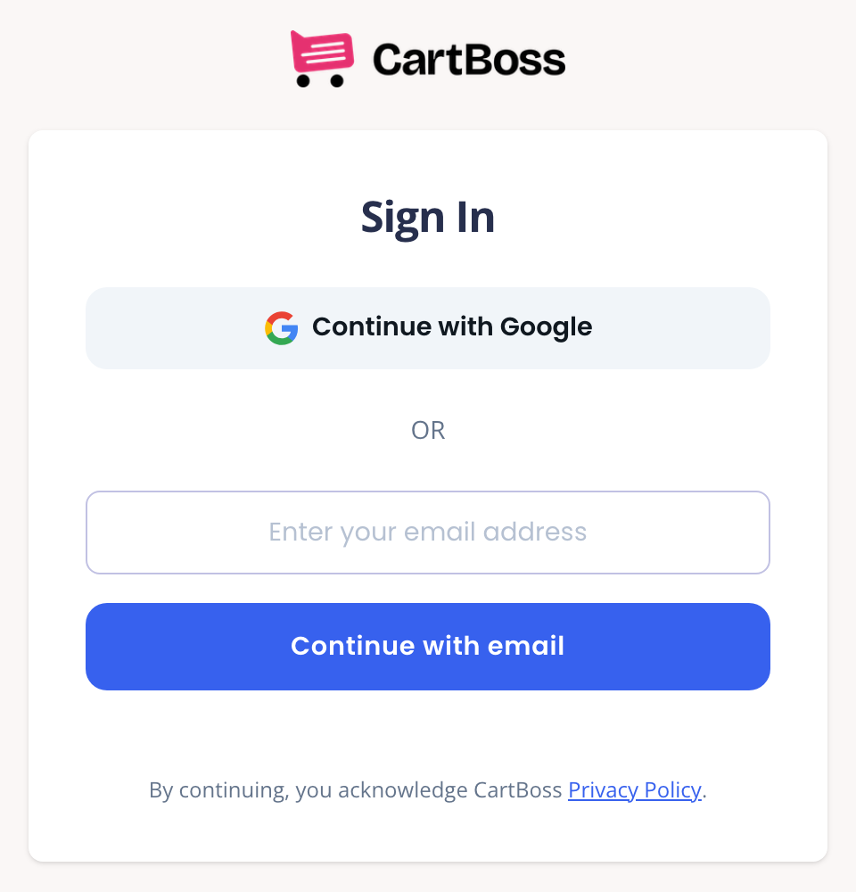 CartBoss Sign In page with Continue with Google, the email address field and the Continue with email button