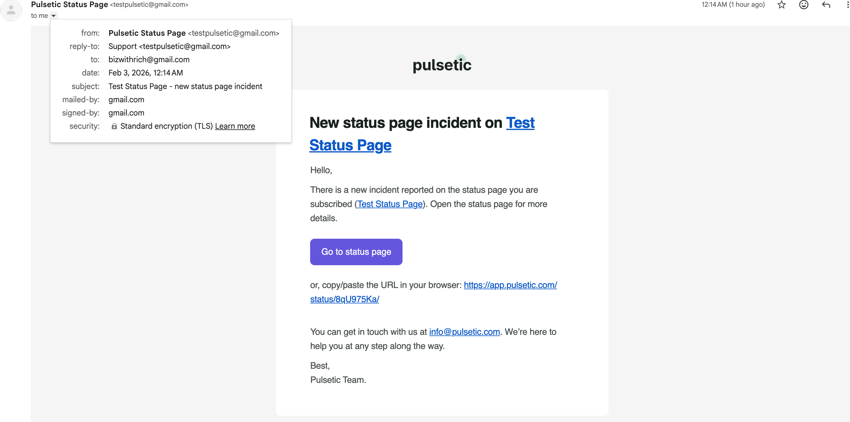 Sample Status Page Email