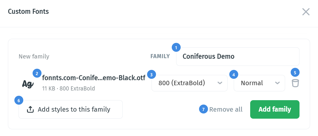 New family card in the Custom Fonts popup, with numbered callouts 1 to 7