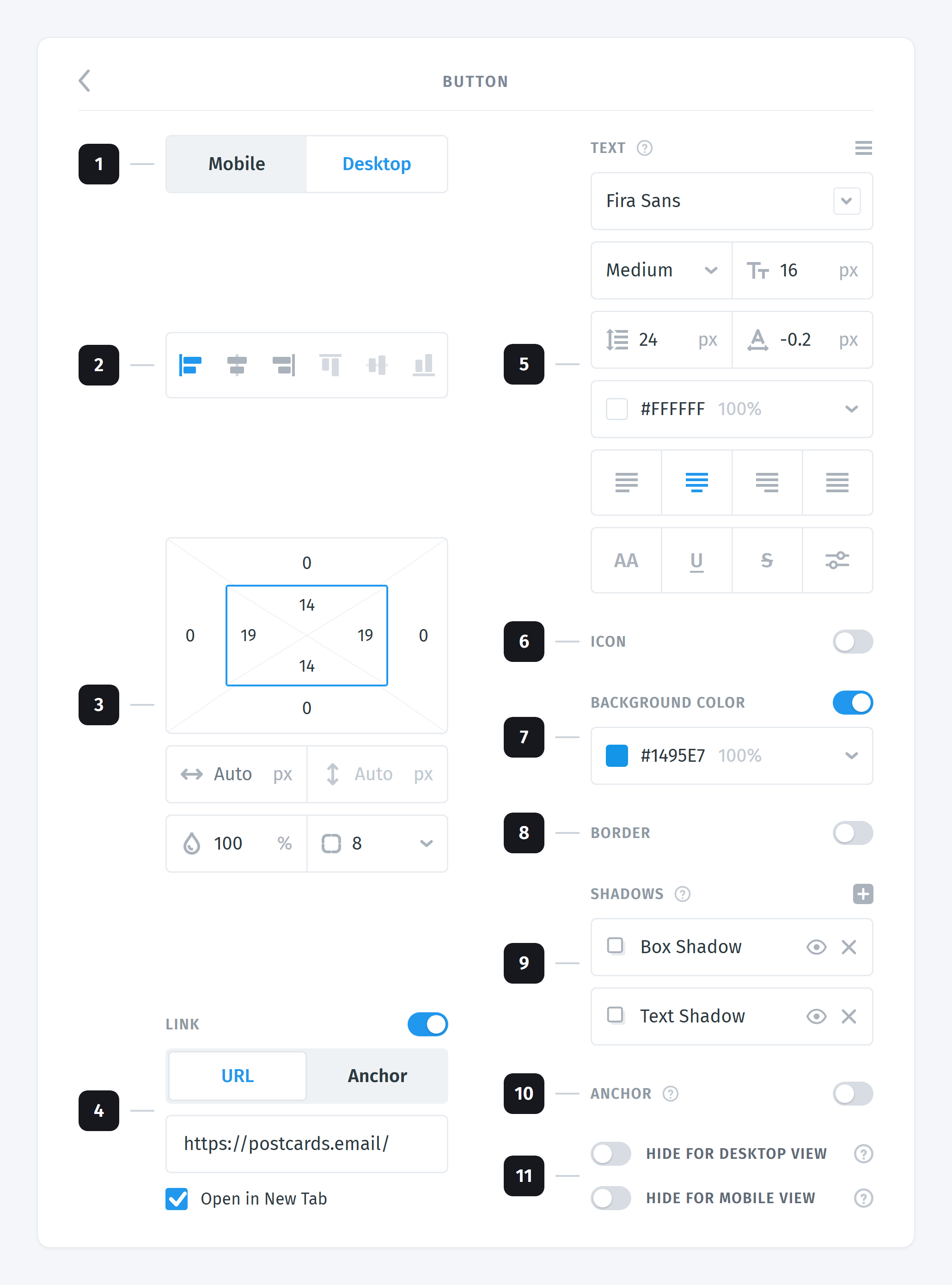 Button settings in the right panel, numbered 1 to 11