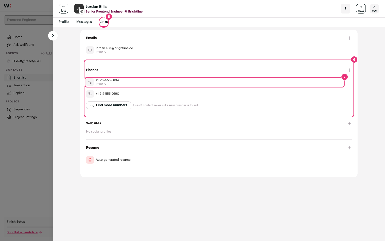 Links tab with the Phones section and the primary number