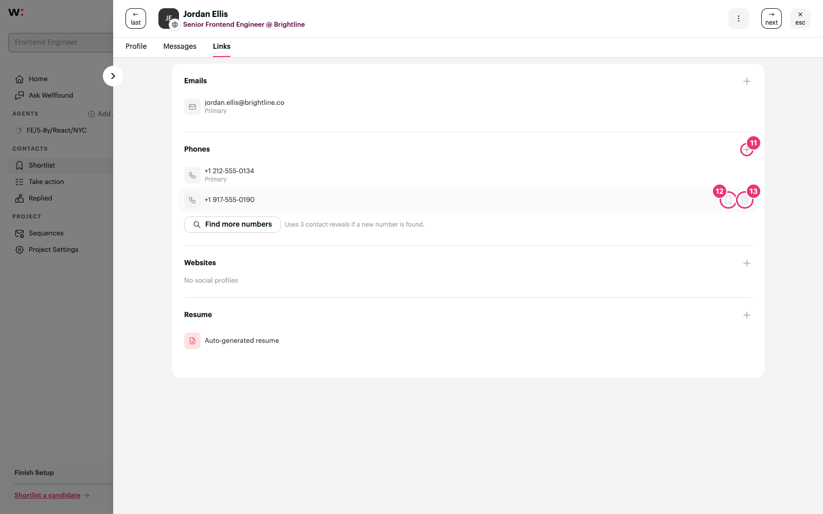 Phones section with the add, make primary, and remove controls