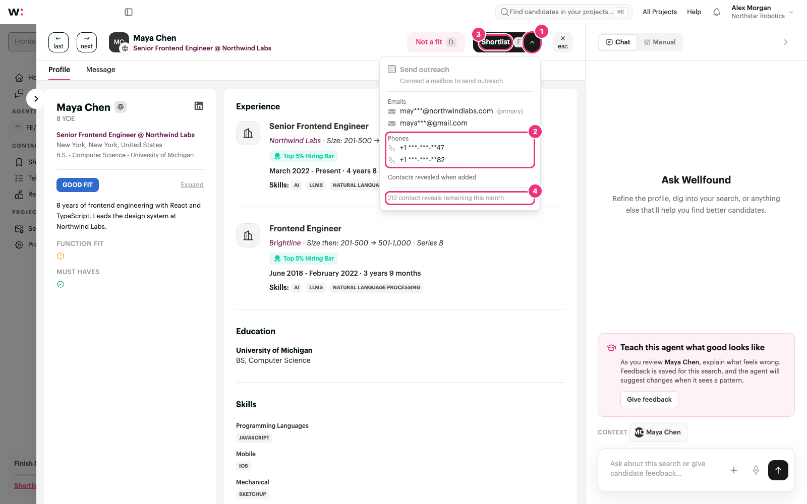 Shortlist menu open with masked phone numbers and the remaining contact reveals
