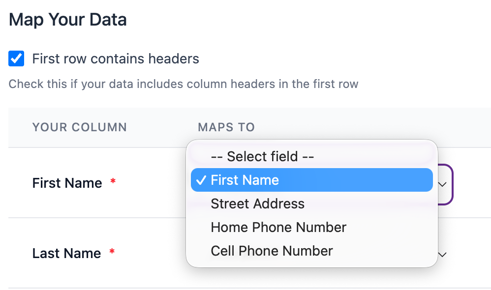 Map your upload file columns to StriveScan's data fields