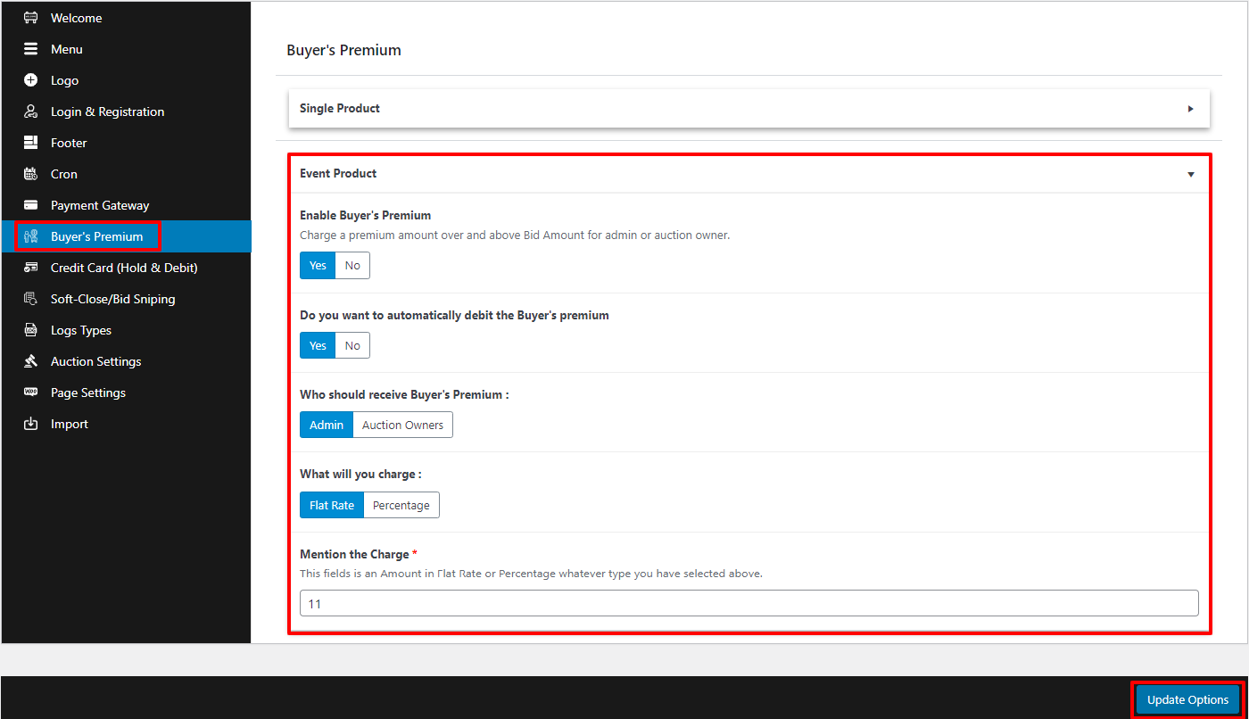 setting buyers premium event product