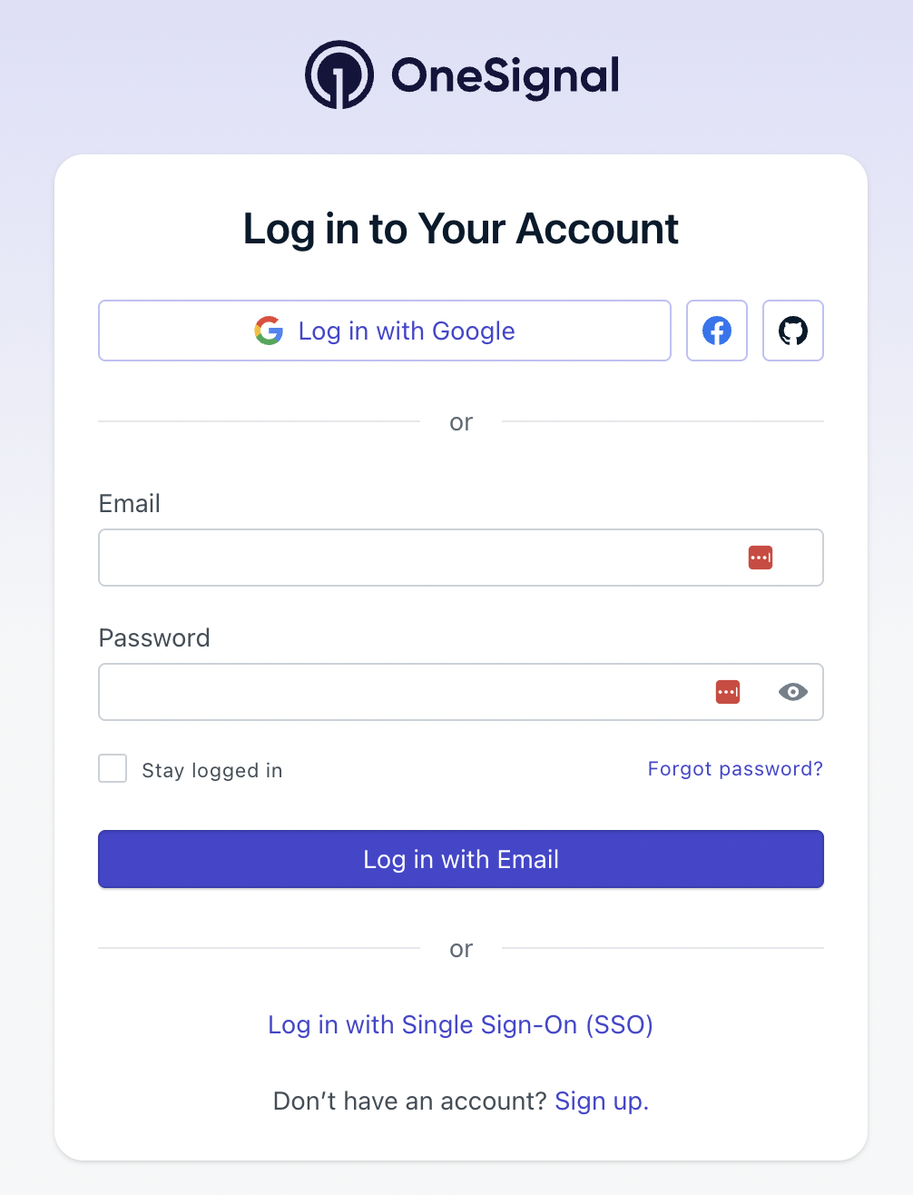 One Signal login screen