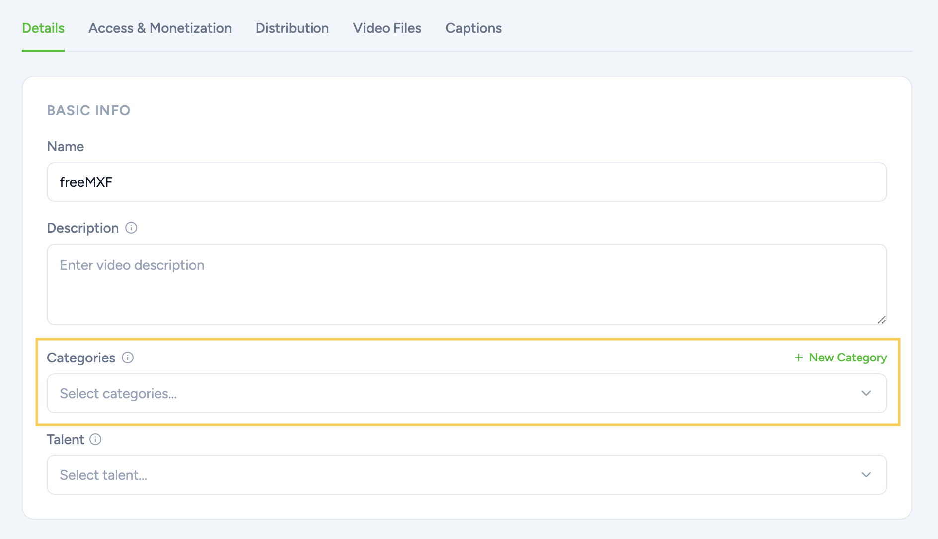 Assigning categories from video edit page