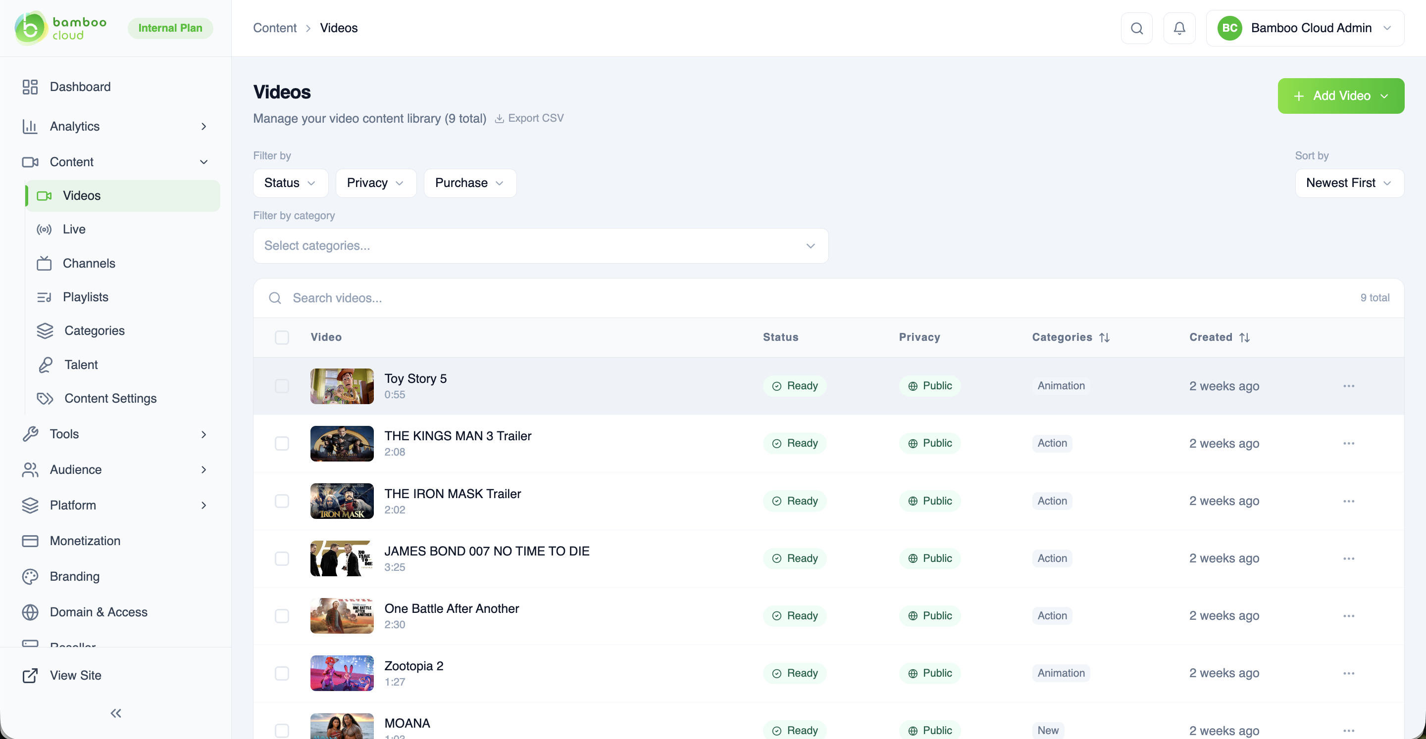 Videos page