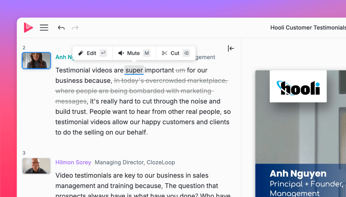 Transcript-based editing in the Vocal Video editor