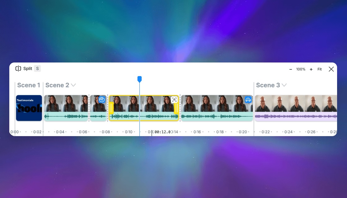 Interactive timeline at the bottom of the Vocal Video editor