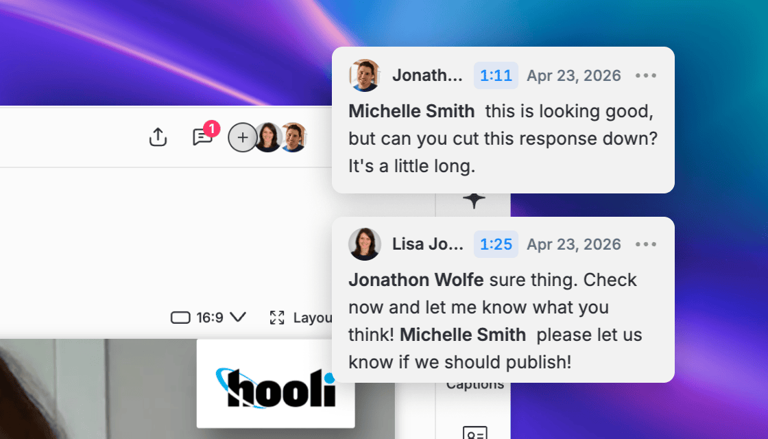 Live presence and comment collaboration in the Vocal Video editor