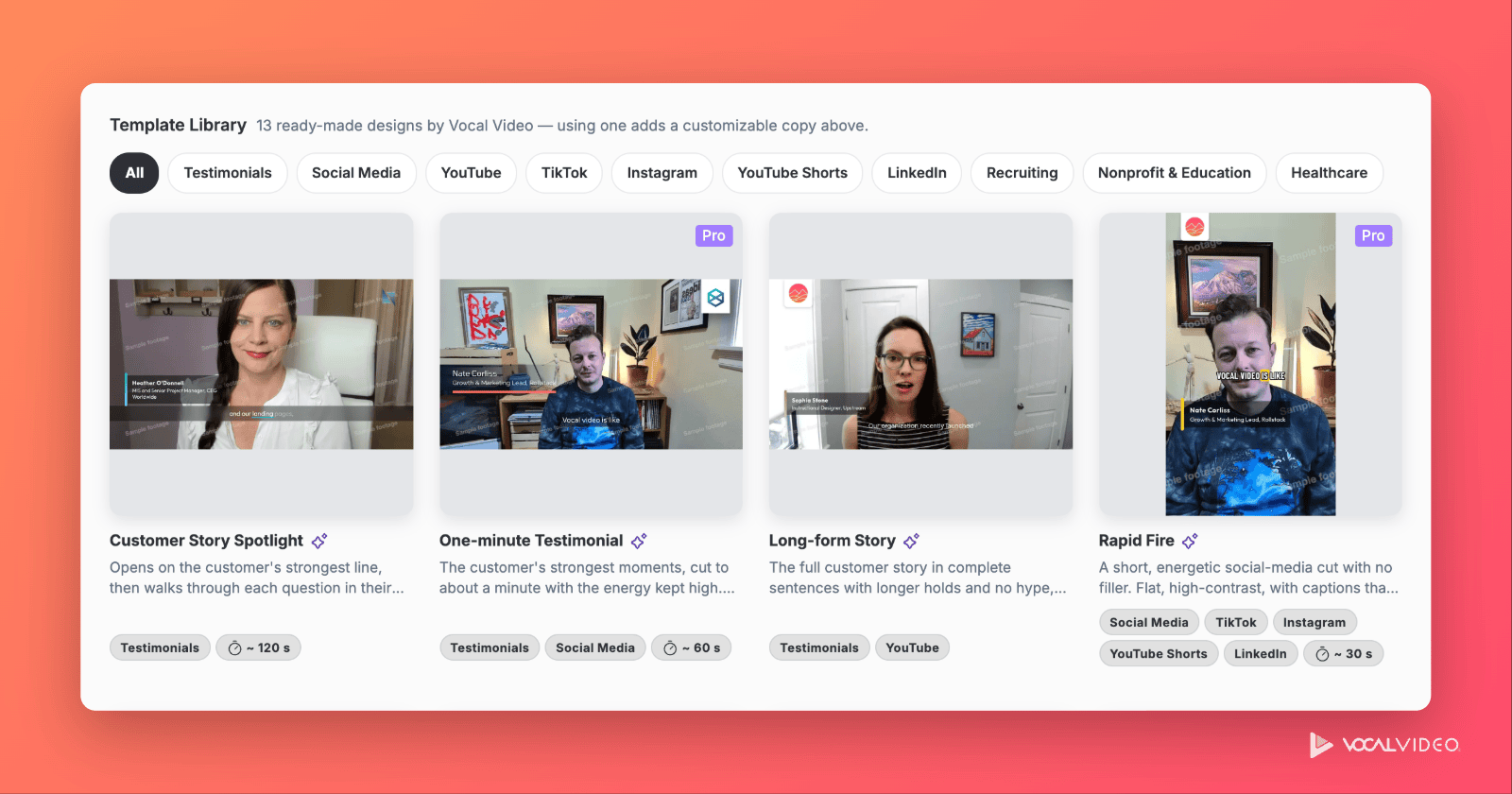 The Template Library in Vocal Video, with filters by use case and the first row of templates: Customer Story Spotlight, One-minute Testimonial, Long-form Story and Rapid Fire.