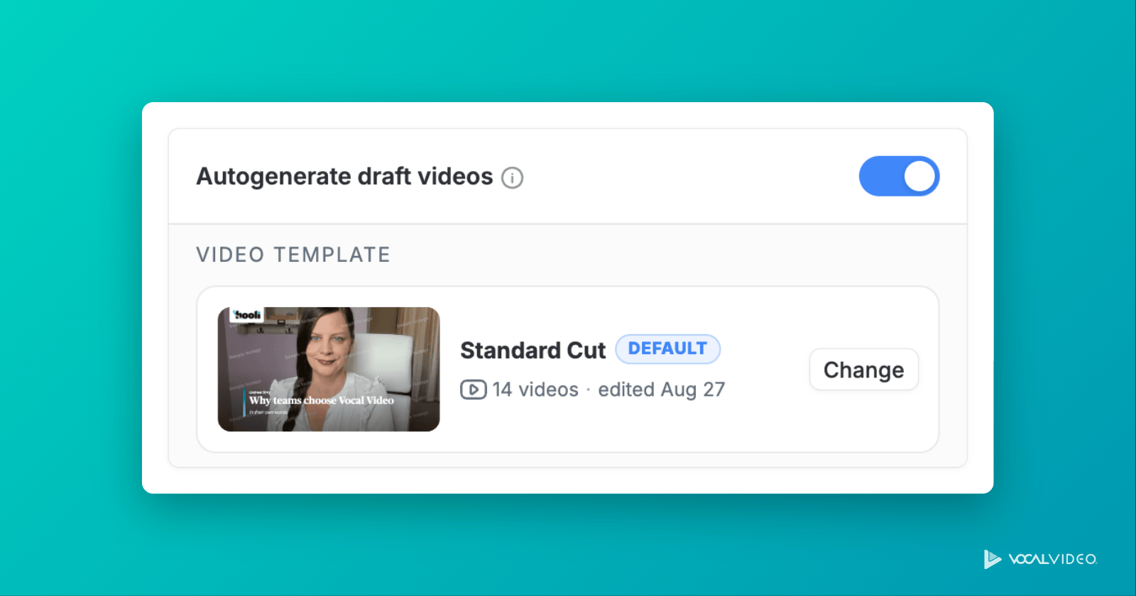 A collector's Autogenerate draft videos setting switched on, with the Standard Cut template selected and a Change button to choose another.