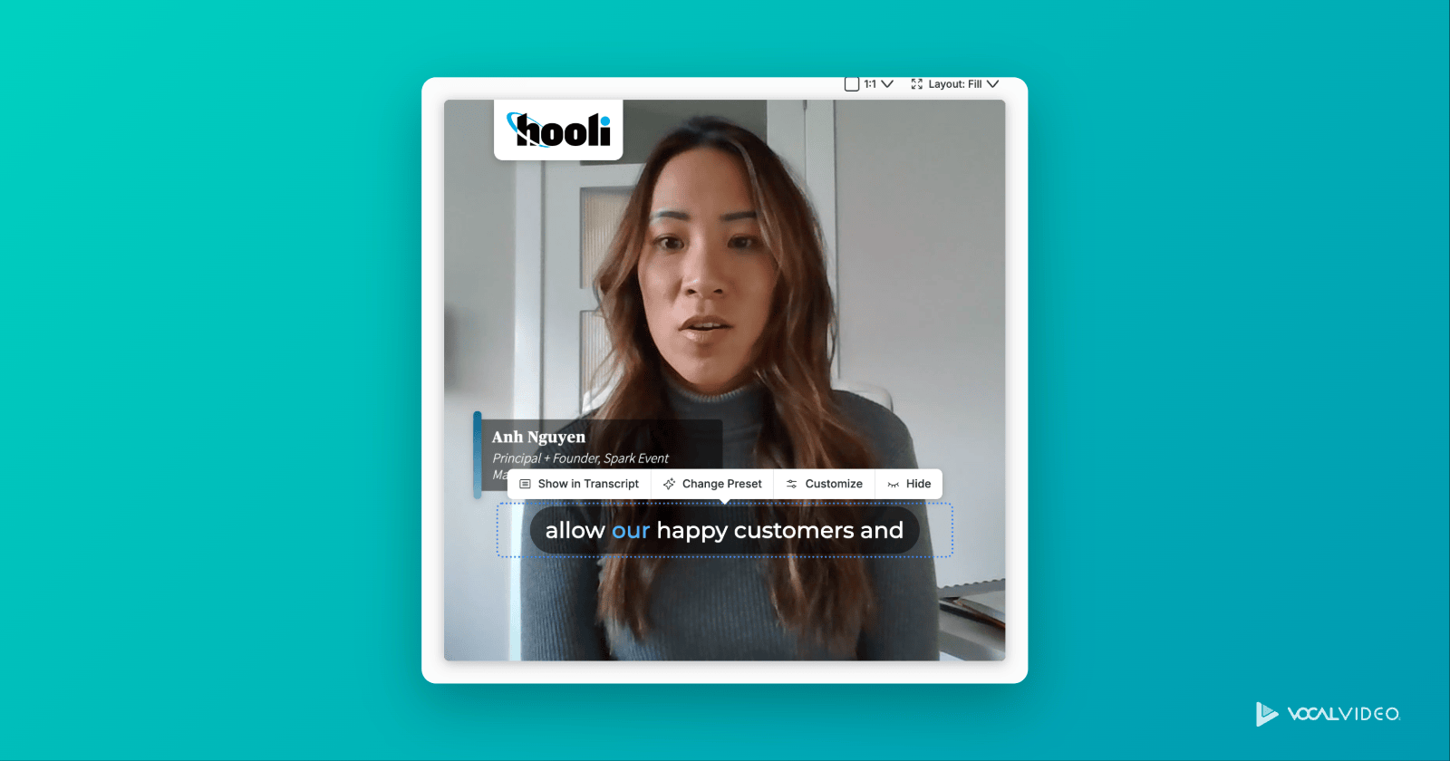 Clicking a caption in the video preview opens a toolbar with Show in Transcript, Change Preset, Customize and Hide.