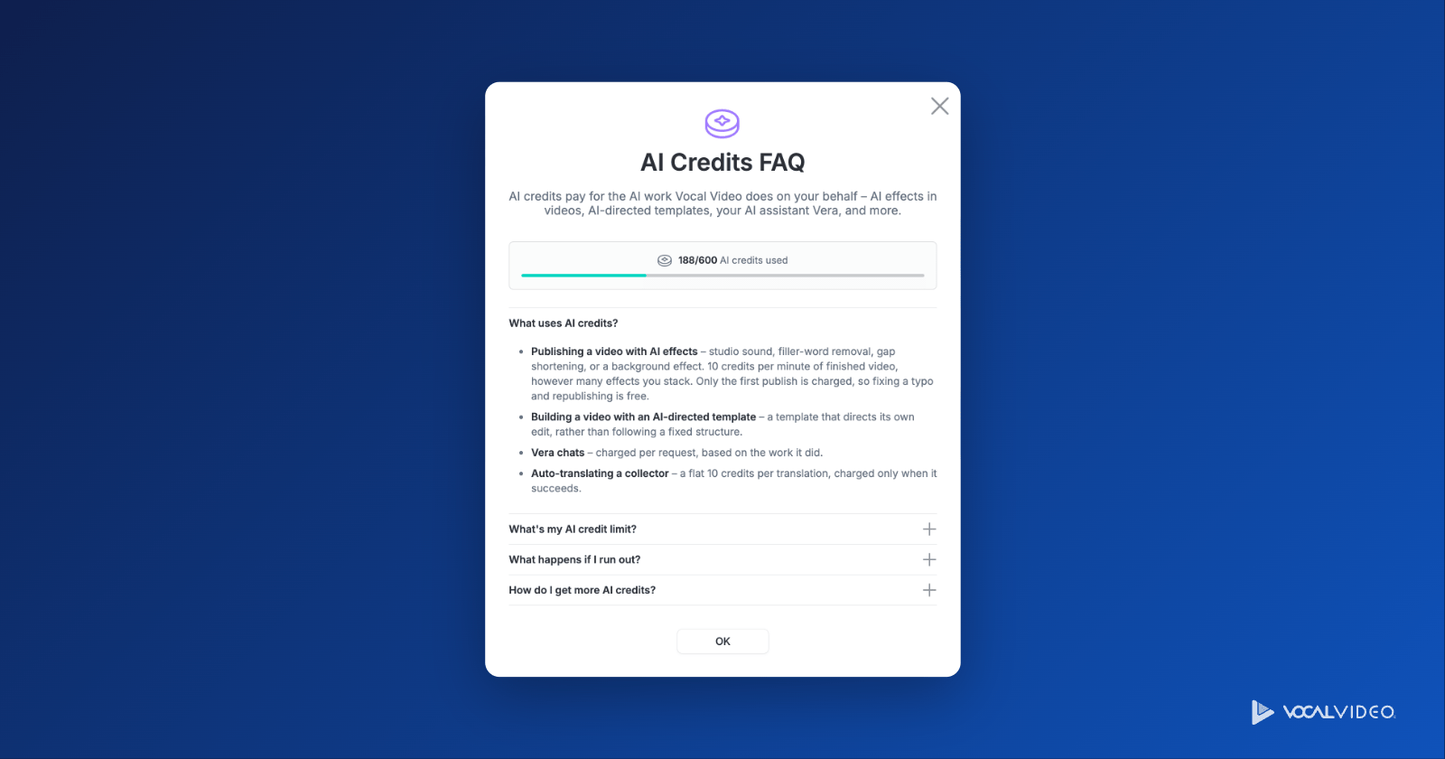 The AI Credits FAQ in Vocal Video, with the credit meter and the What uses AI credits? section expanded.