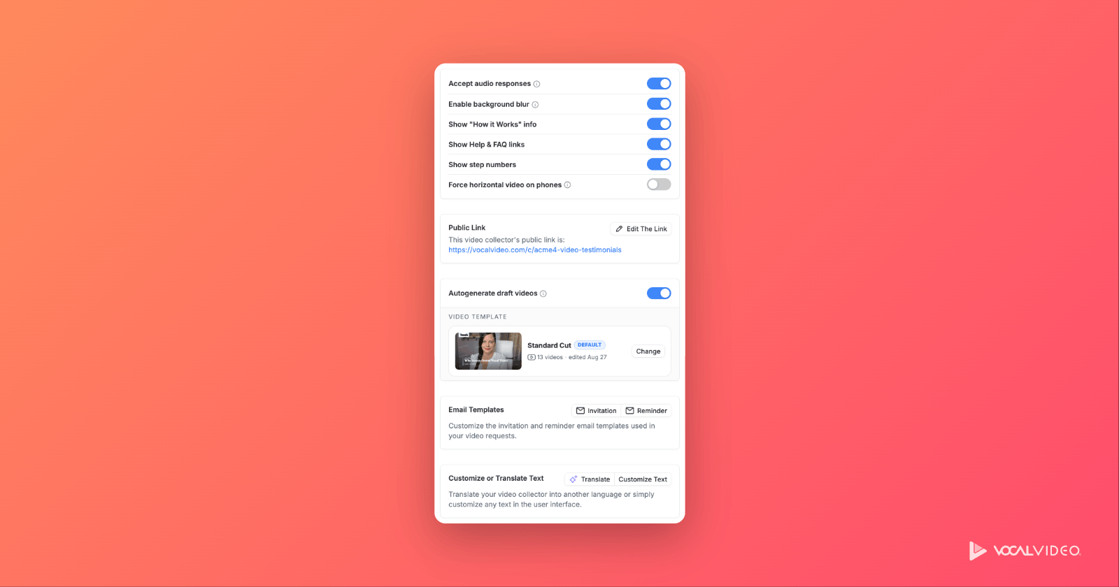 A collector's Settings page: response and display switches, the public link, Autogenerate draft videos with its Standard Cut template, email templates, and Customize or Translate Text.