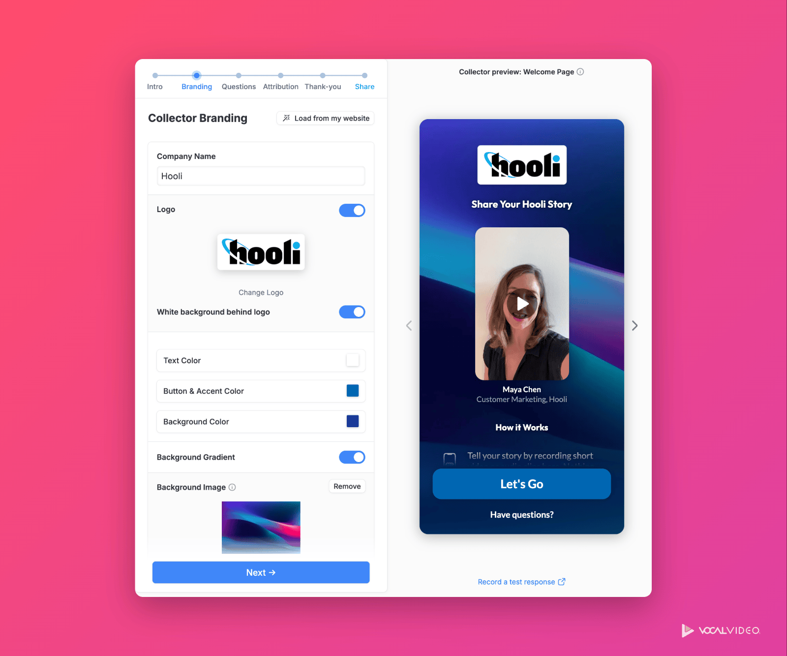 The collector setup wizard on the Branding step, with company name, the Logo switch, text, button and background colors, background gradient and background image, beside a live phone preview.