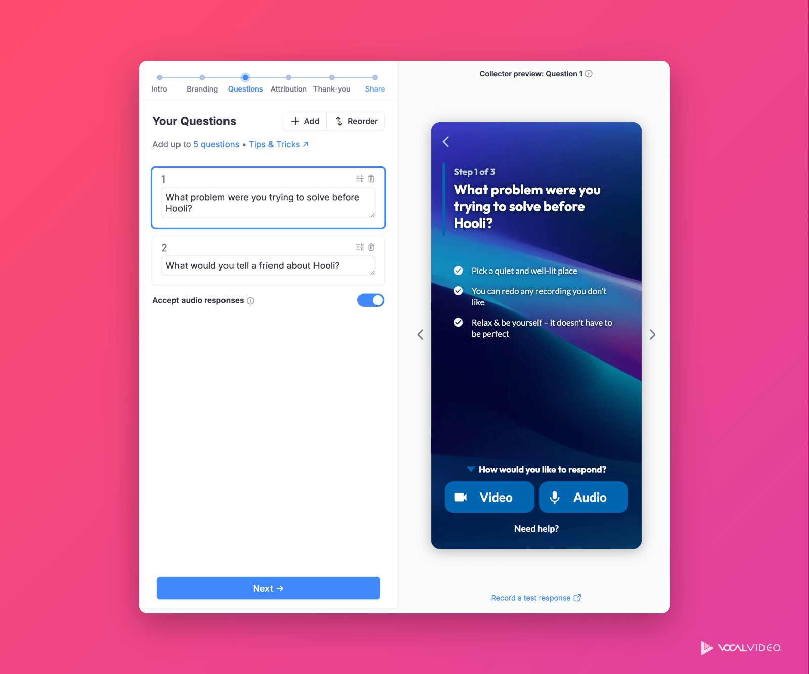 The collector setup wizard on the Questions step, with two questions, Add and Reorder buttons, and the Accept audio responses switch, beside a phone preview of question 1.