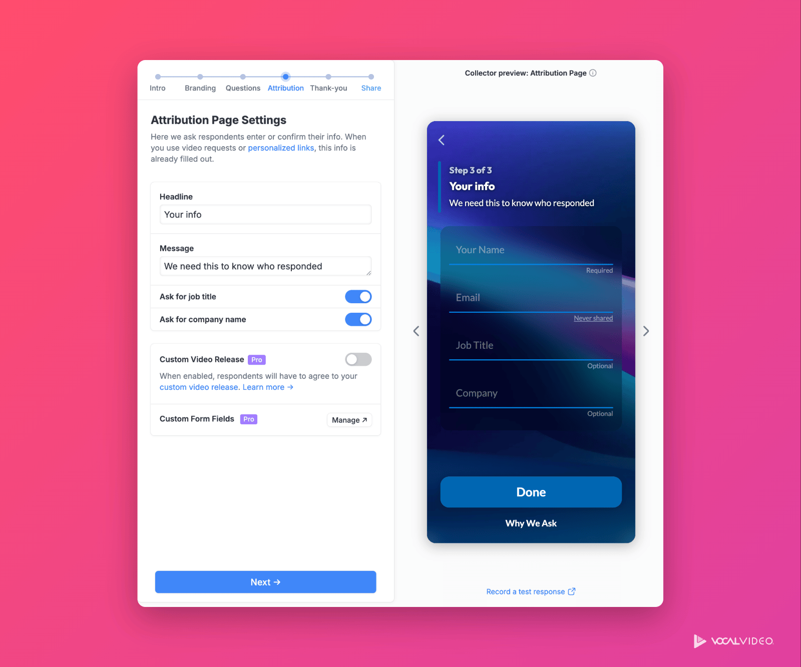 Attribution Page Settings with the Ask for job title and Ask for company name switches, Custom Video Release, and the Manage button next to Custom Form Fields