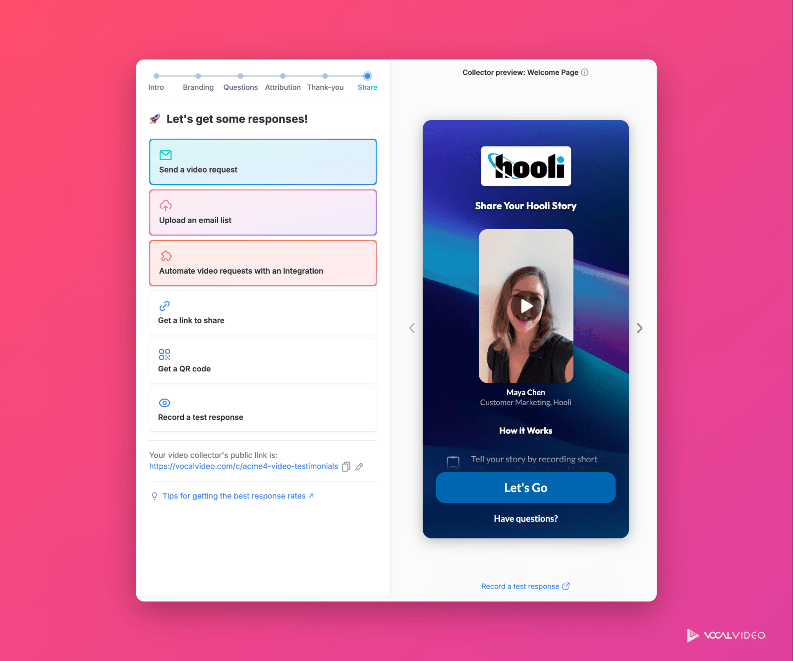 The collector setup wizard on the Share step, with options to send a video request, upload an email list, automate requests with an integration, get a link or QR code, or record a test response.