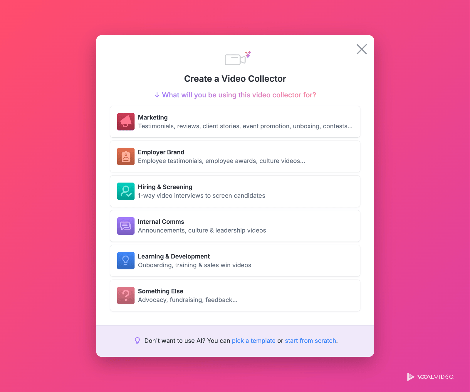 The Create a Video Collector dialog, asking what the collector is for: Marketing, Employer Brand, Hiring & Screening, Internal Comms, Learning & Development, or Something Else, with links to pick a template or start from scratch.