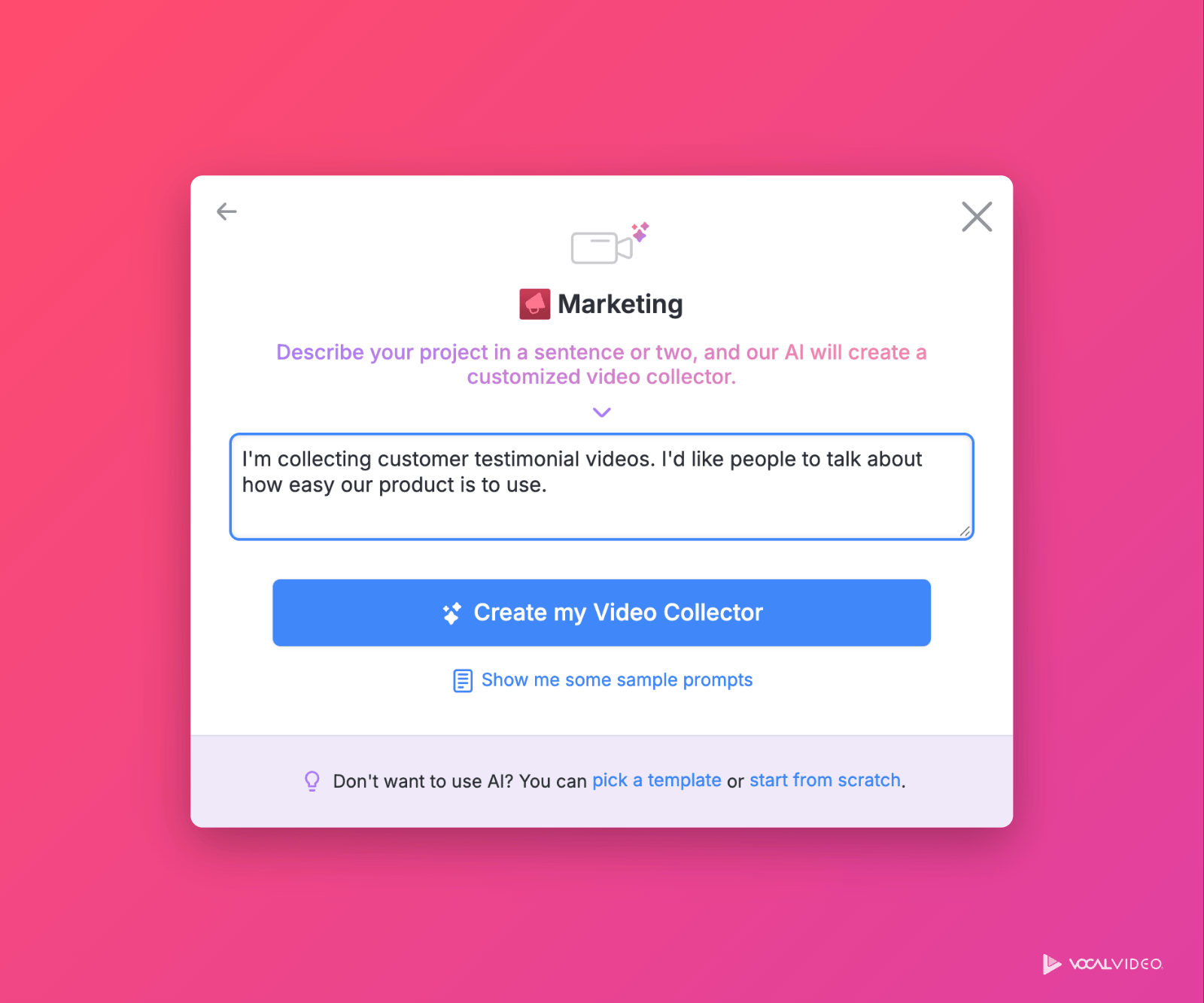 The Create a Video Collector dialog for Marketing, with a written prompt about collecting customer testimonial videos and a Create my Video Collector button.