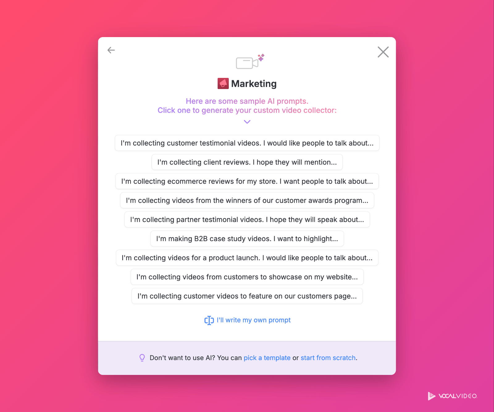 The Create a Video Collector dialog for Marketing, listing sample AI prompts to click, such as collecting customer testimonial videos or client reviews, and a link to write your own prompt.