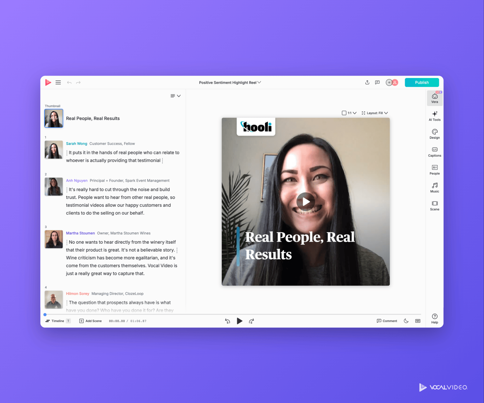 The Vocal Video editor with the right sidebar showing Vera at the top, followed by AI Tools, Design, Captions, People, Music, Scene and Help