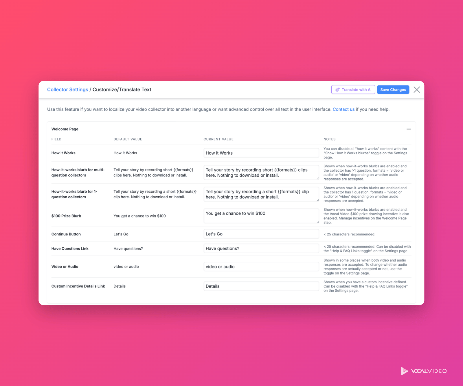 The Customize/Translate Text page with the Welcome Page section expanded, showing the Field, Default Value, Current Value and Notes columns, and the Translate with AI and Save Changes buttons at the top