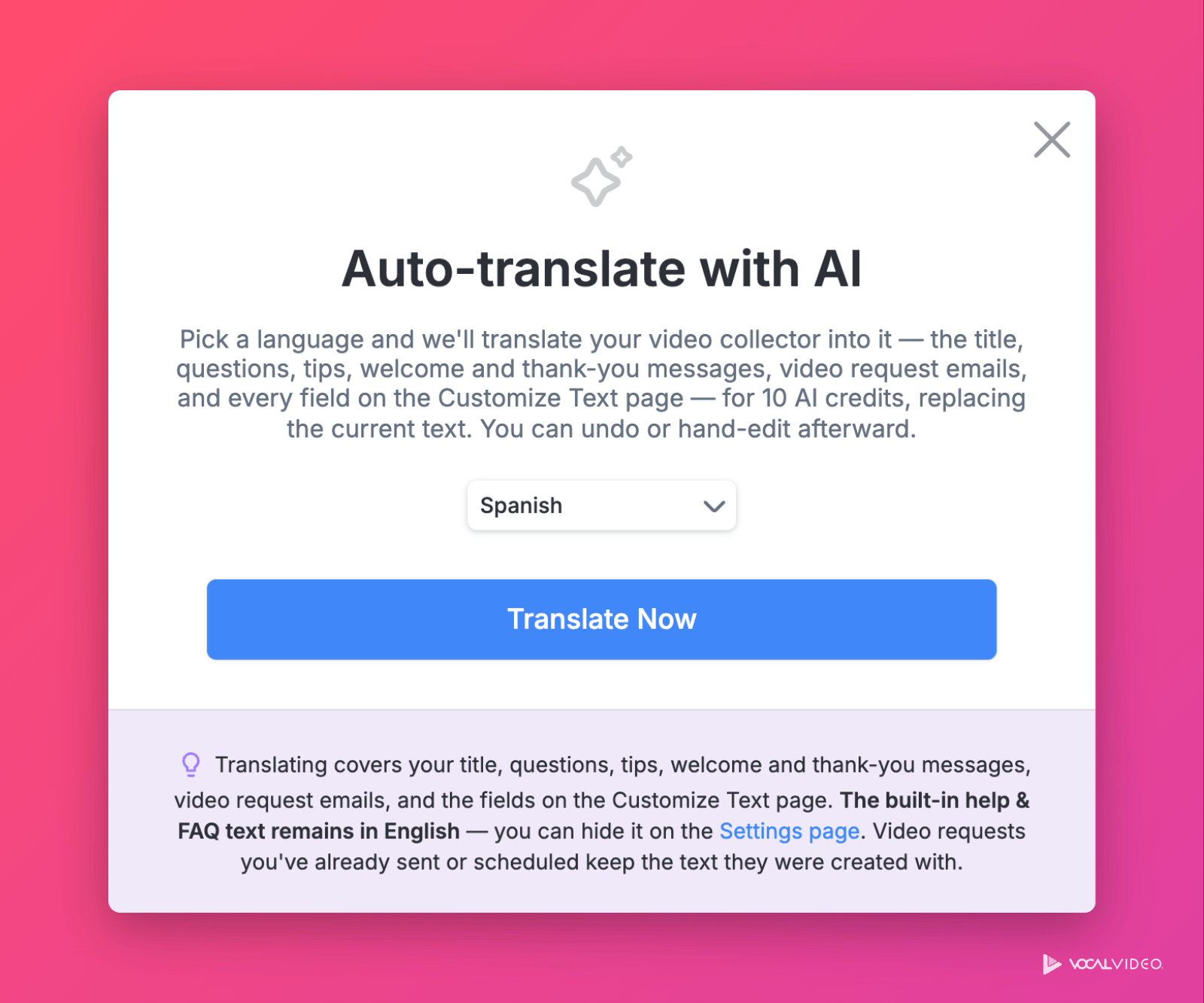 The Auto-translate with AI dialog with a language chosen and the Translate Now button