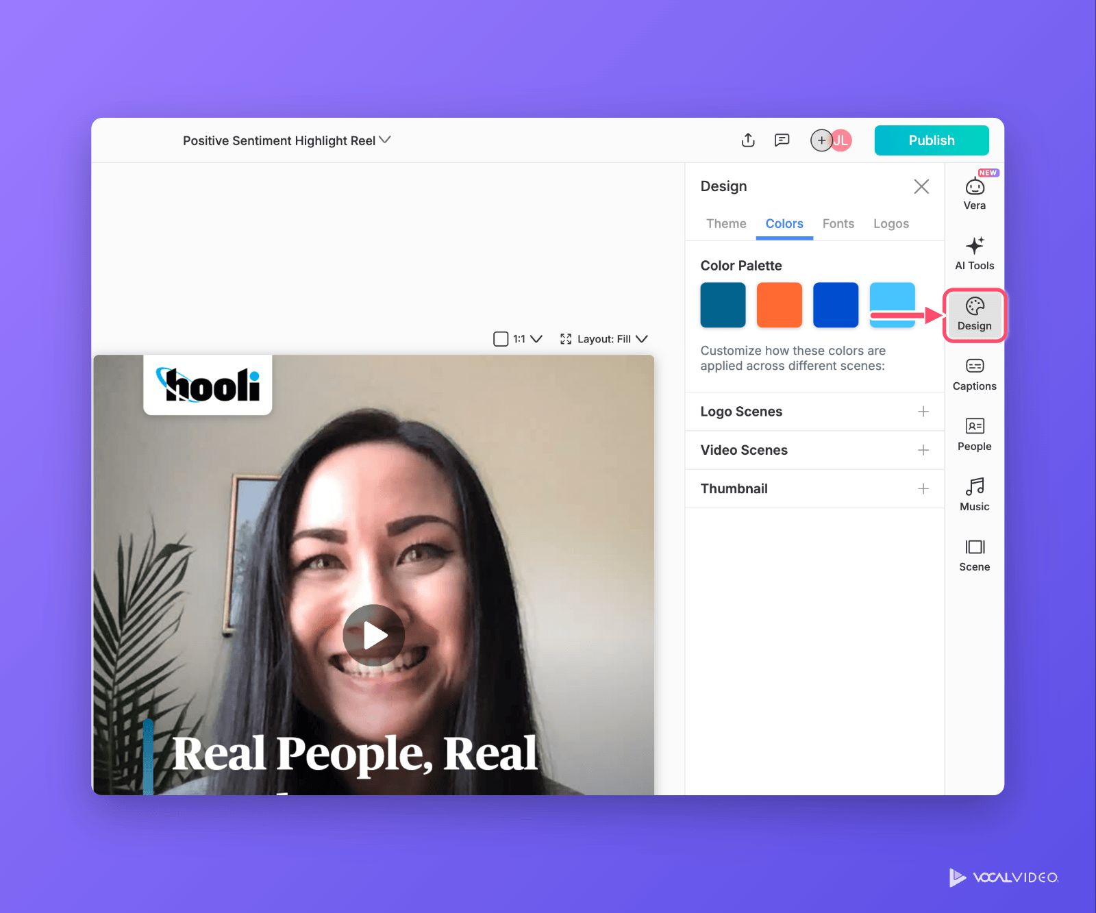 The editor's Design panel on the Colors tab, with the video's Color Palette and expandable Logo Scenes, Video Scenes and Thumbnail color settings. An arrow points to the Design button in the right sidebar.