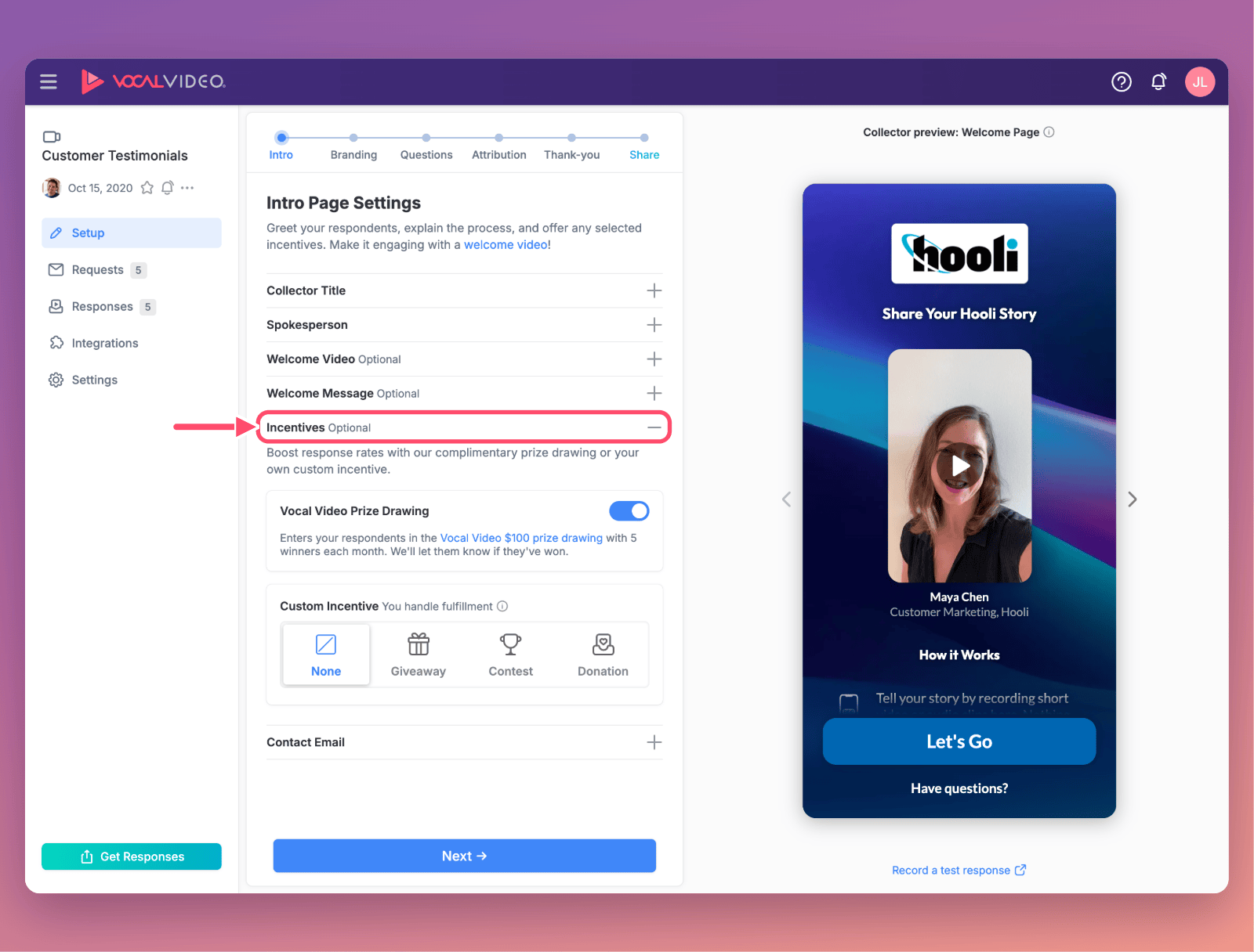 The Intro step of collector setup with Incentives expanded: the Vocal Video Prize Drawing switch and Custom Incentive options (None, Giveaway, Contest, Donation), beside the collector preview. An arrow points to Incentives.