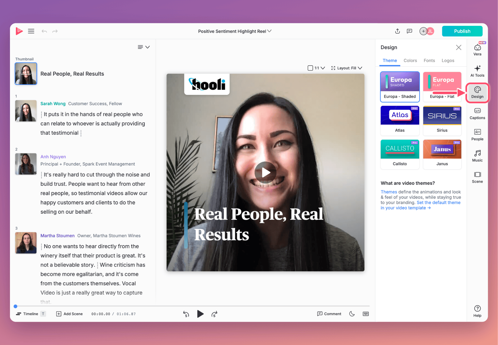 The Vocal Video editor with the Design panel open on the Theme tab, showing the six themes. An arrow points to the Design button in the right sidebar.