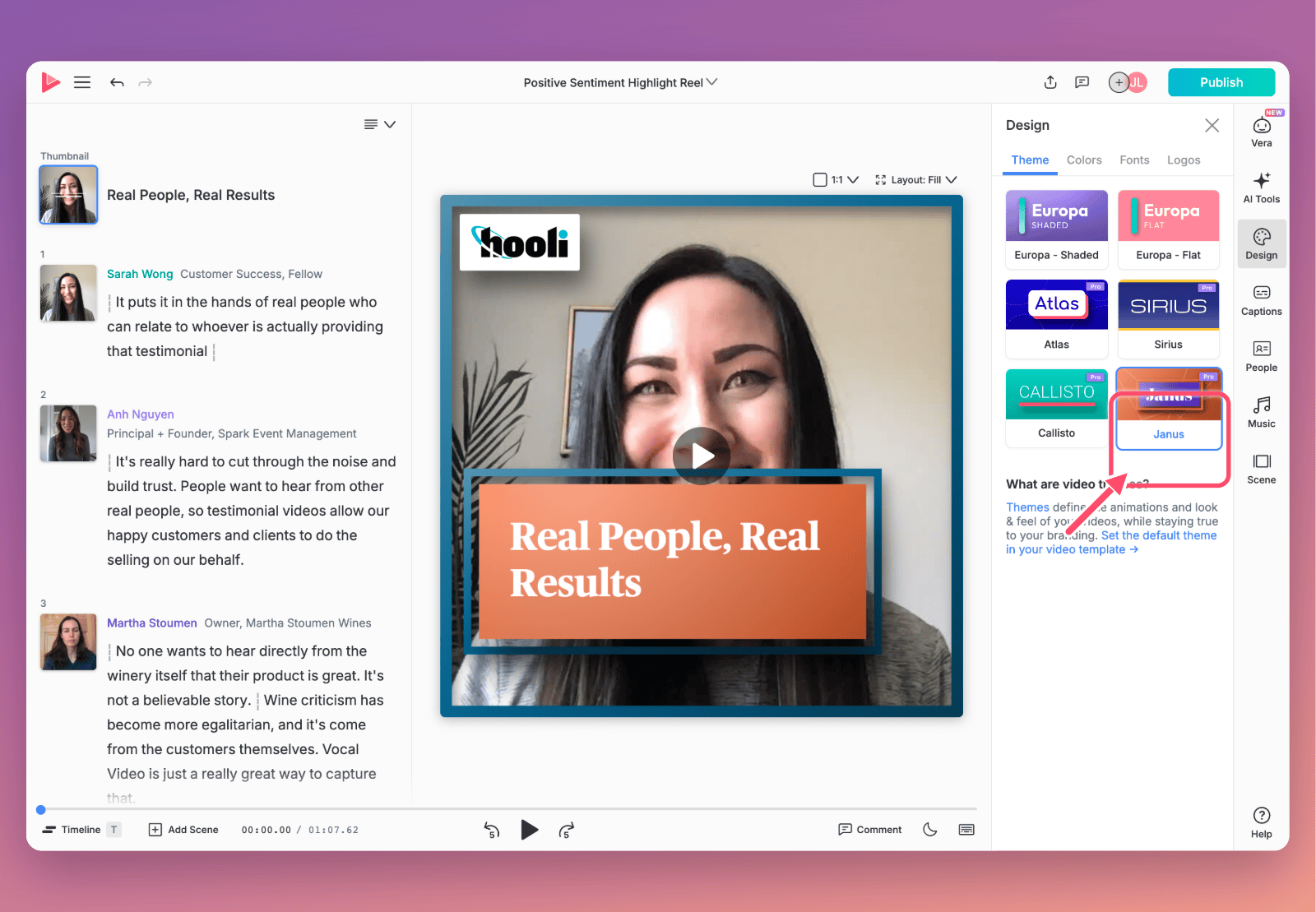 The Vocal Video editor after choosing the Janus theme, with the preview restyled. An arrow points to the Janus theme on the Theme tab.