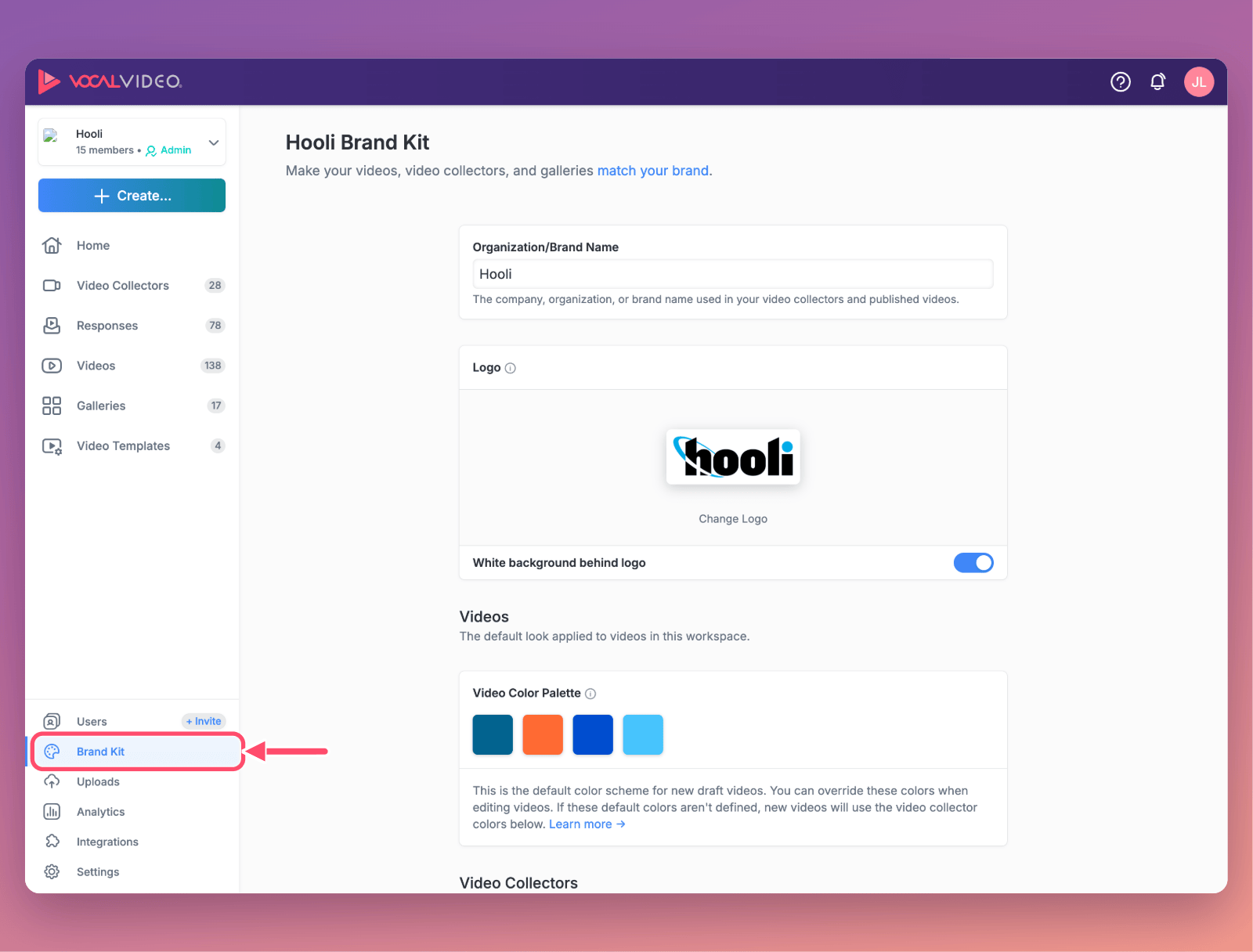 The Brand Kit page in Vocal Video, with the brand name, logo and Video Color Palette. An arrow points to Brand Kit in the left navigation.