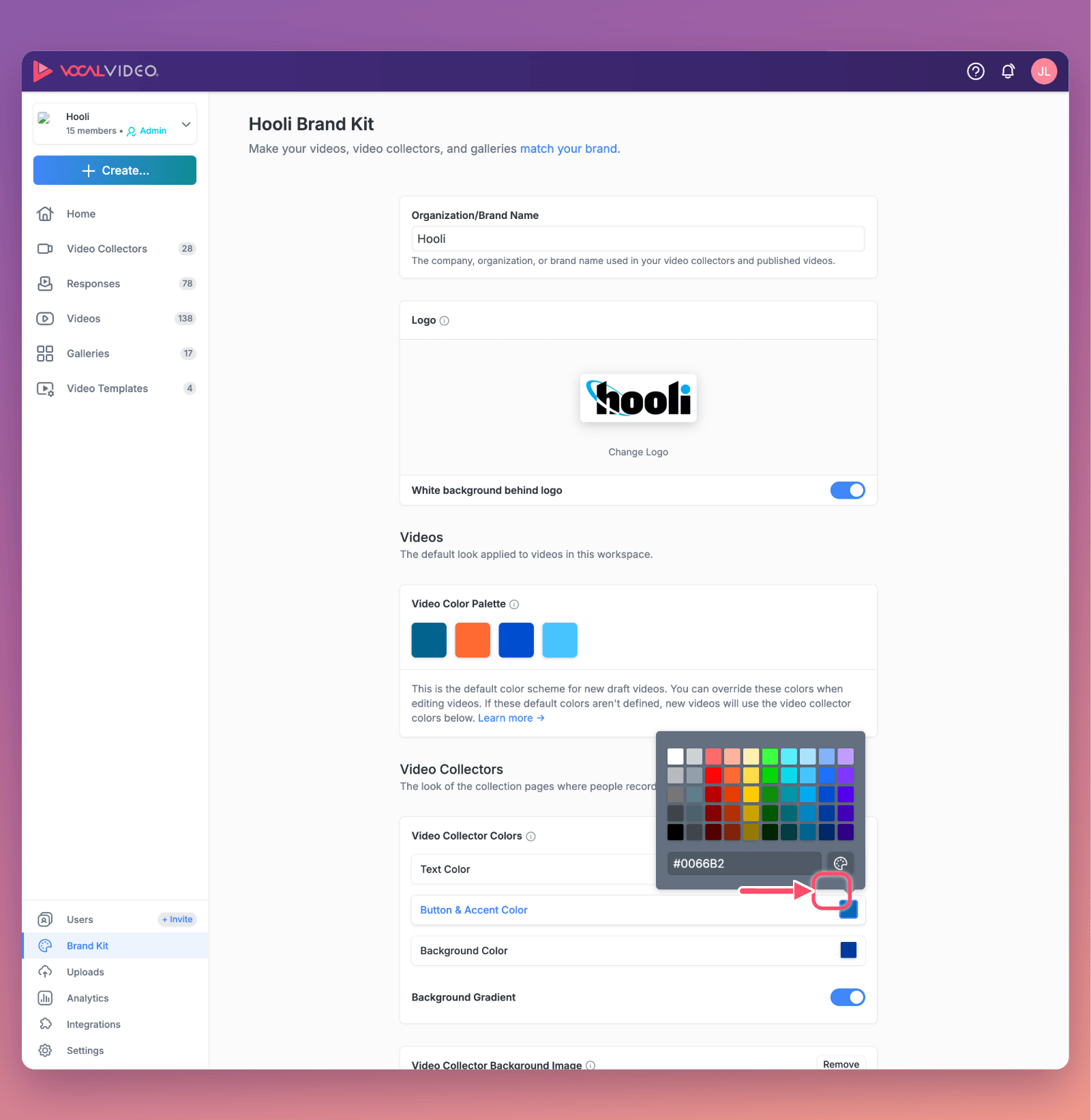 The Brand Kit page with the color picker open on Button & Accent Color, showing the swatch grid and hex code field. An arrow points to the color swatch that opens it.