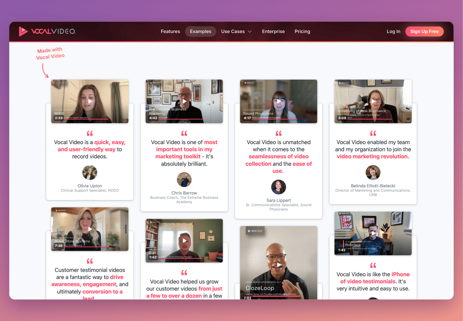 A Vocal Video gallery embedded on the Vocal Video website: a wall of customer video testimonials, each with a pull quote and the speaker's name and title