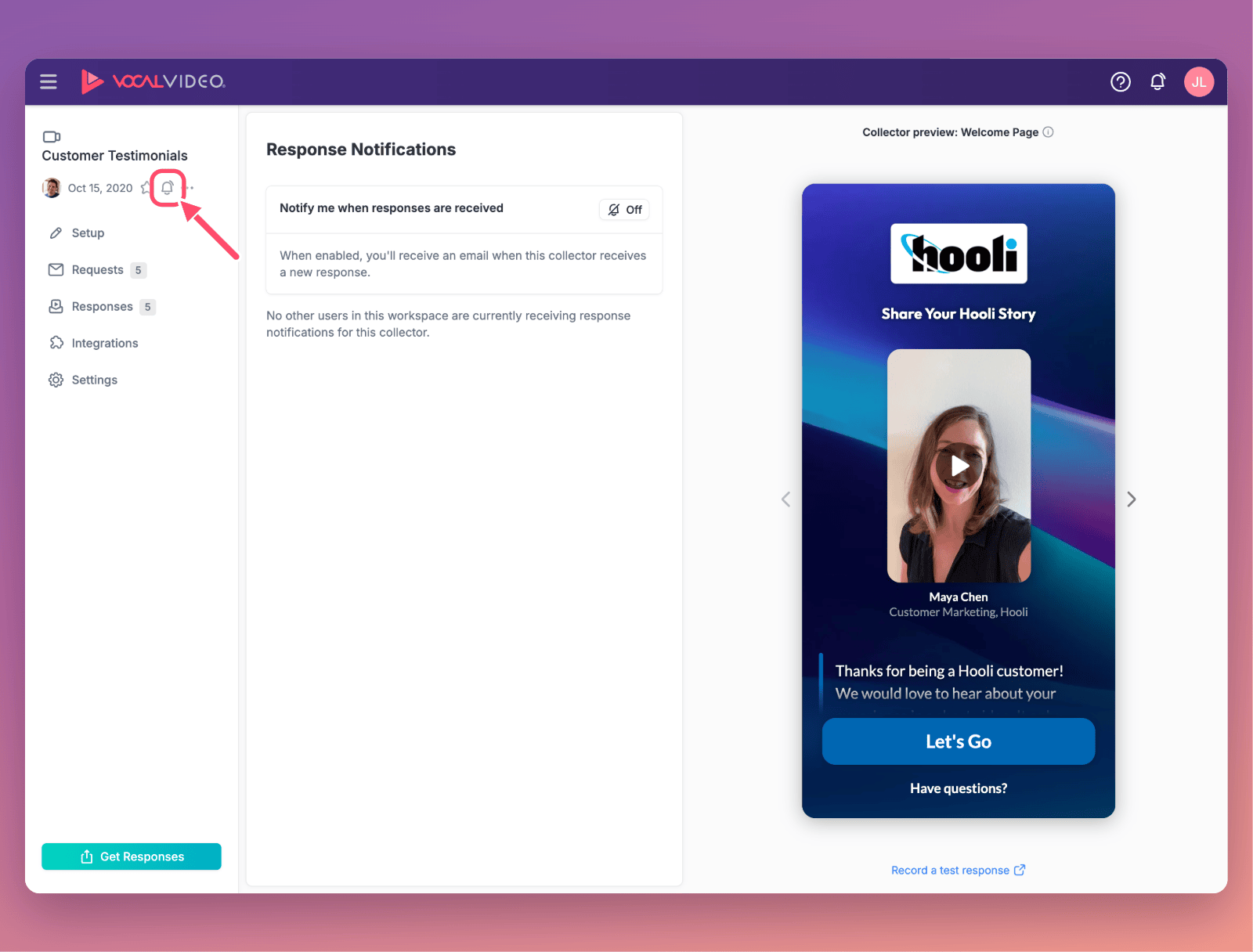 A collector's Response Notifications page, opened from the bell next to the collector's name, with the Notify me when responses are received switch