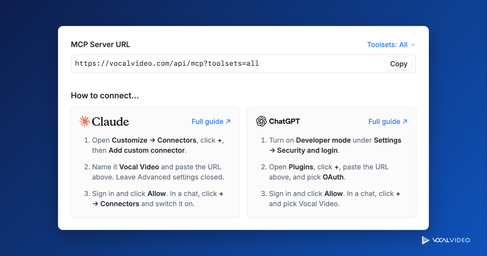 The Connect AI Assistant (MCP) page in Settings, with the MCP server URL and a Copy button above step-by-step connection cards for Claude and ChatGPT