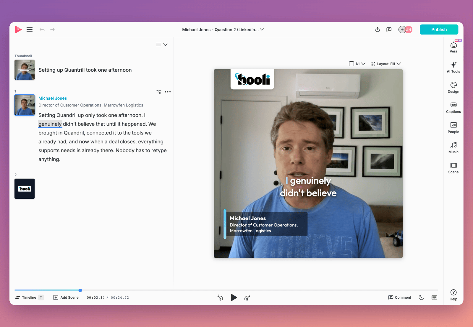 The one-question draft open in the Vocal Video editor: a single square scene of the answer with captions and a name tag, followed by a logo scene.