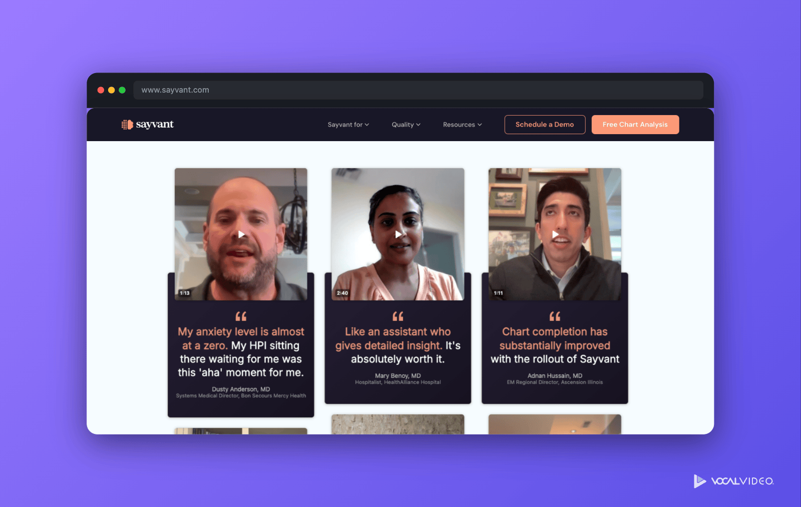 Sayvant's homepage, with a wall gallery of physician video testimonials on dark cards, each with a featured quote highlighted in Sayvant's peach accent color