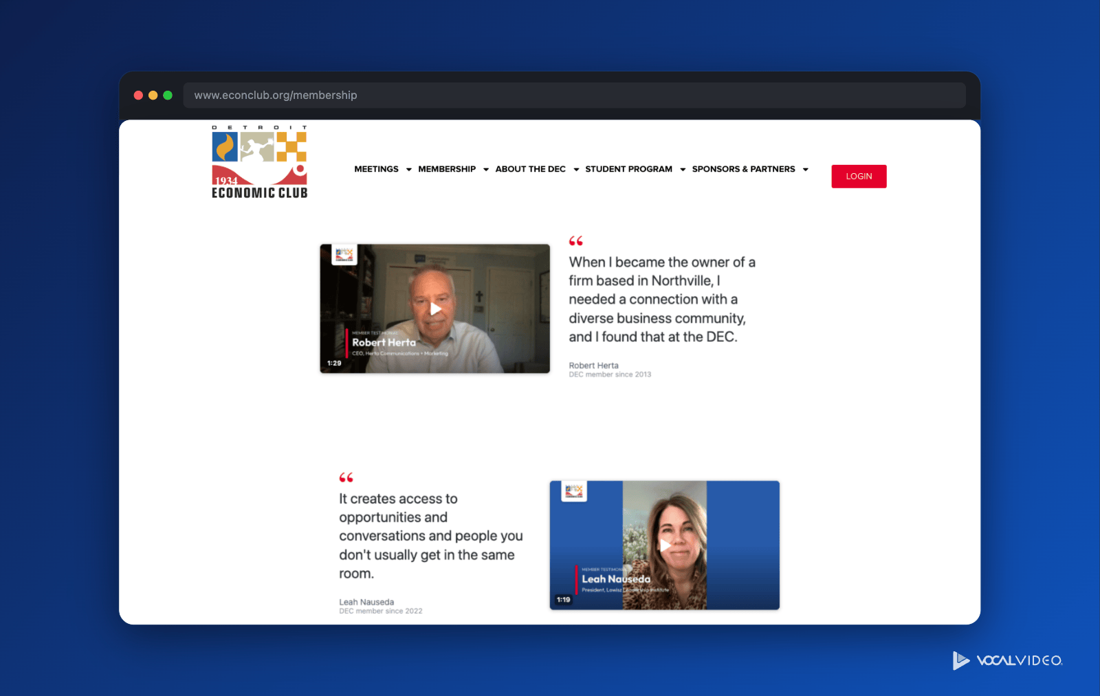 The Detroit Economic Club membership page, with a list gallery that alternates member videos and their quotes from left to right, with no card background